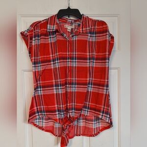 New York Laundry Red Blue Plaid Button Down Shirt Women's Casual Top M